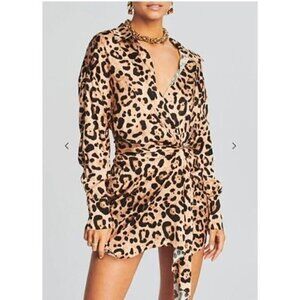 SER.O.YA DEMI Leopard Print Satin Wrap Dress V-Neck Long Sleeve Asymmetrical Hem